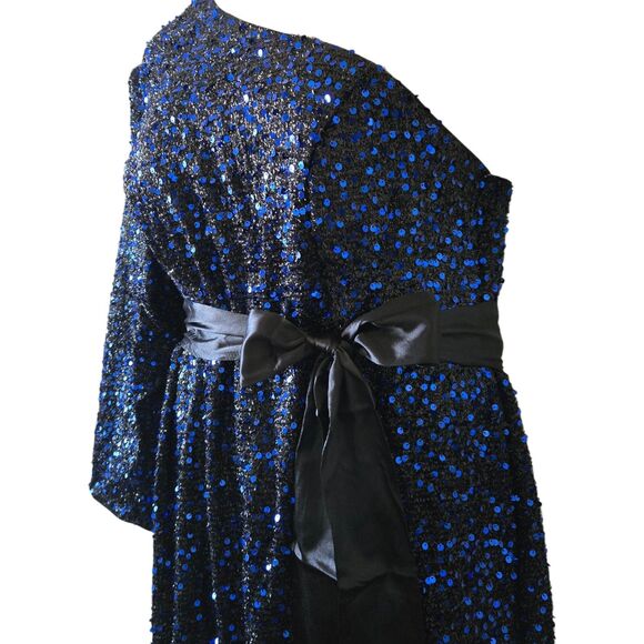 NEW Sequined One-Shoulder Dress. Black Blue. Long Sleeve. Lined w/Slit. Plus 3X - Picture 7 of 11